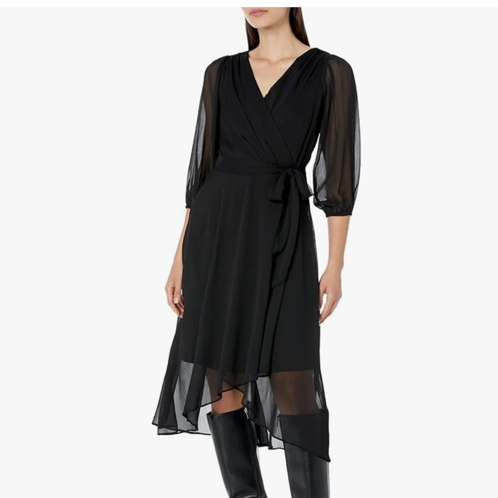 DKNY balloon sleeve faux wrap dress